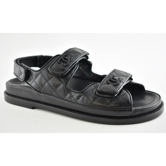 Chanel Black Leather Quilted Chain CC Logo Mule Slide Strap Flat Dad Sandal 36 - Picture 3 of 9